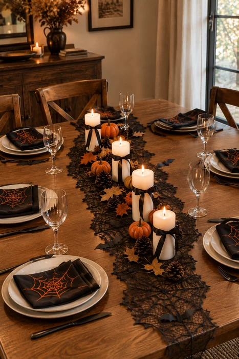 25 DIY Halloween Centerpieces for a Beautiful Spooky Season Table 4 Black and orange Halloween centerpiece with classic spooky table decorations