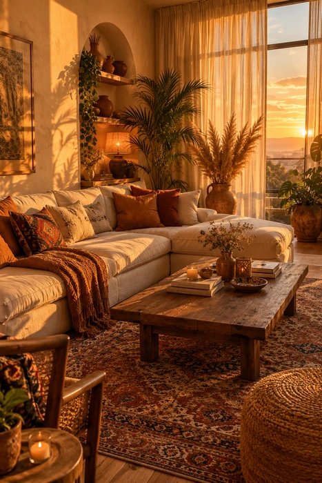 Boho Style Living Room Ideas for a Cozy Space Full of Character 15 Bohemian living room with woven decor, rattan accessories, and warm natural textures