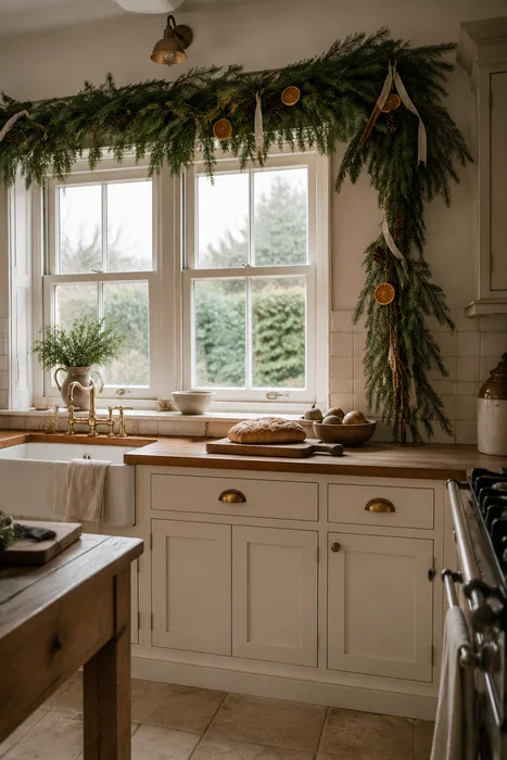The Art of Styling Norfolk Pine Natural Touch Garland for Christmas 11 Evergreen garland around a kitchen window above cream cabinetry and brass hardware