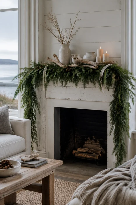 The Art of Styling Norfolk Pine Natural Touch Garland for Christmas 20 Cascading evergreen garland with pale pottery and driftwood on white coastal fireplace