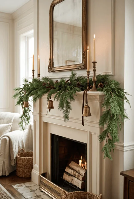 The Art of Styling Norfolk Pine Natural Touch Garland for Christmas 3 Norfolk pine-style garland with brass candlesticks and bells on a cream mantel