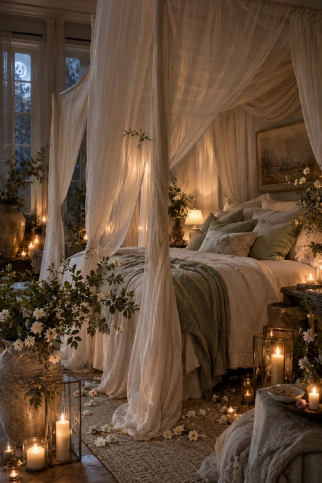 25 Romantic Bedroom Ideas to Create a Cozy Escape 7 Dreamy romantic bedroom with soft lighting and luxury decor details