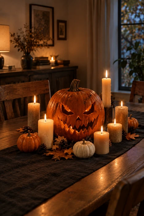 25 DIY Halloween Centerpieces for a Beautiful Spooky Season Table 14 Elegant Halloween dinner table centerpiece with candles flowers and sophisticated decor