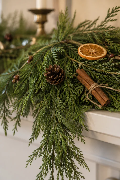 The Art of Styling Norfolk Pine Natural Touch Garland for Christmas 6 Close-up evergreen garland with dried orange, pinecone, cinnamon sticks, and twine