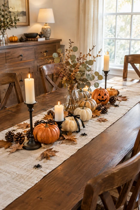 25 DIY Halloween Centerpieces for a Beautiful Spooky Season Table 15 Farmhouse Halloween centerpiece ideas with rustic pumpkins candles and cozy table decor