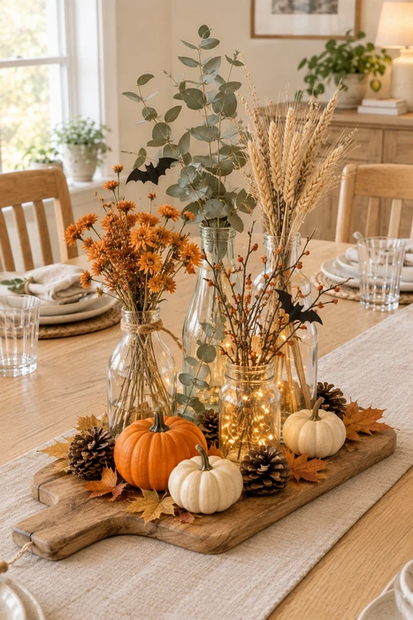 25 DIY Halloween Centerpieces for a Beautiful Spooky Season Table 2 Halloween fall centerpiece decoration with seasonal pumpkins and autumn table decor