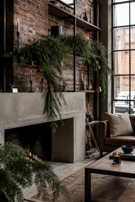 The Art of Styling Norfolk Pine Natural Touch Garland for Christmas 19 Cascading evergreen garland against exposed brick, concrete fireplace, and black metal shelving