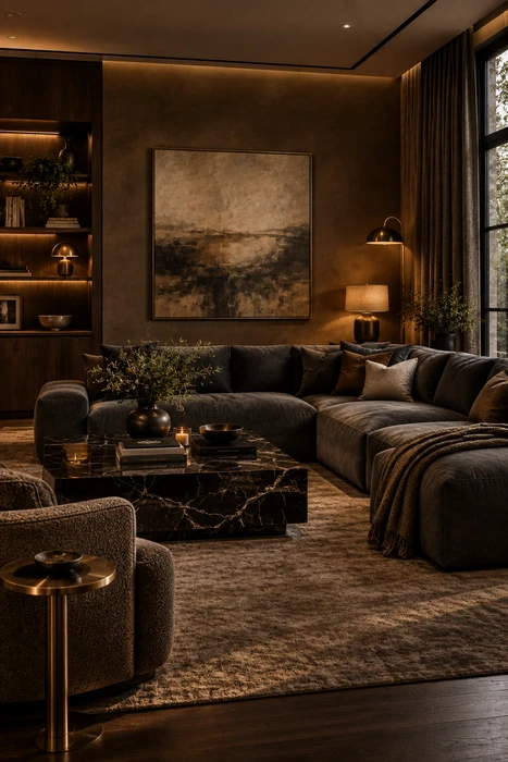 L Shape Sofa Living Room Ideas: Modern, Luxury & Small-Space Layouts 14 Dark, moody corner sofa living room design with warm ambient lighting