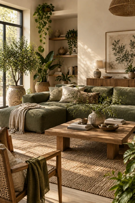 L Shape Sofa Living Room Ideas: Modern, Luxury & Small-Space Layouts 16 Olive green L shape sofa styled with layered greenery and natural textures