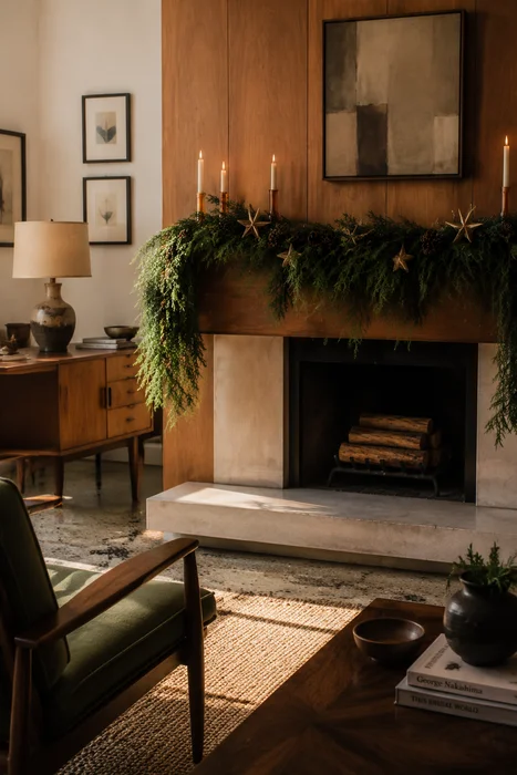 The Art of Styling Norfolk Pine Natural Touch Garland for Christmas 18 Evergreen mantel garland with taper candles in a mid-century modern living room