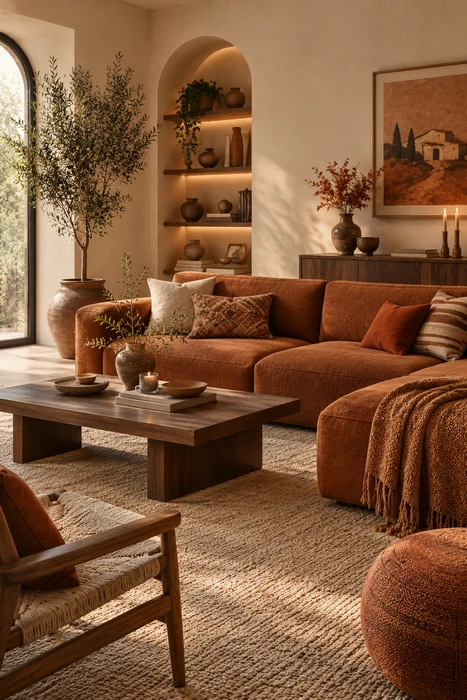 L Shape Sofa Living Room Ideas: Modern, Luxury & Small-Space Layouts 19 Terracotta modular sectional sofa in a Mediterranean-inspired living room