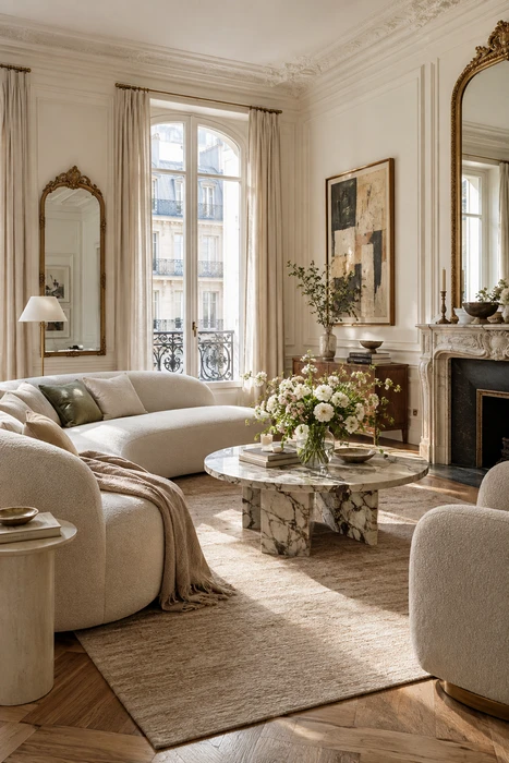 L Shape Sofa Living Room Ideas: Modern, Luxury & Small-Space Layouts 7 Curved sectional sofa in an elegant Parisian-style living room with marble fireplace