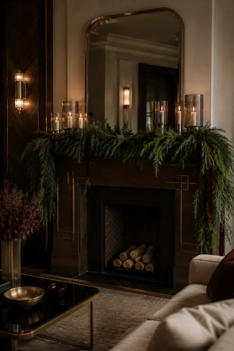 The Art of Styling Norfolk Pine Natural Touch Garland for Christmas 17 Dark wood fireplace with evergreen garland, glass candle holders, and burgundy ribbon