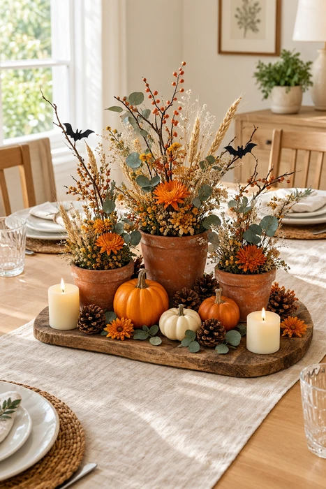 25 DIY Halloween Centerpieces for a Beautiful Spooky Season Table 19 Natural Halloween centerpiece decoration with pumpkins flowers and organic fall elements