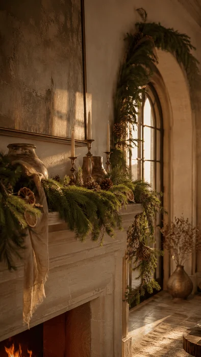 The Art of Styling Norfolk Pine Natural Touch Garland for Christmas 2 Cascading evergreen garland on a plaster fireplace beside a tall arched window