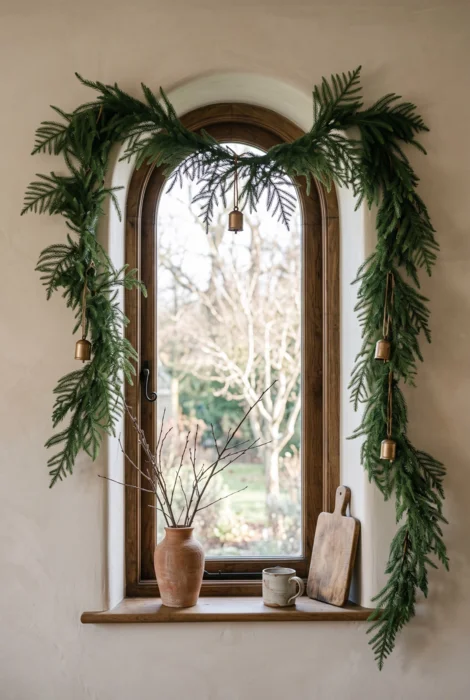 The Art of Styling Norfolk Pine Natural Touch Garland for Christmas 10 Evergreen garland framing an arched wood window with small hanging brass bells