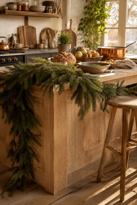 The Art of Styling Norfolk Pine Natural Touch Garland for Christmas 21 Long evergreen garland draped over the edge of a warm wood kitchen island