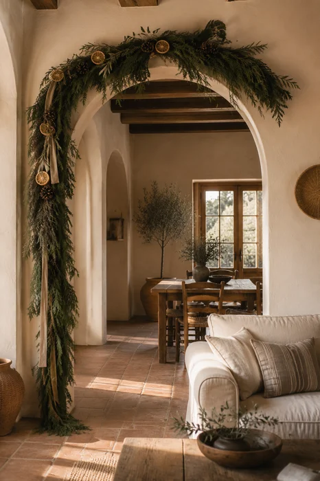 The Art of Styling Norfolk Pine Natural Touch Garland for Christmas 9 Evergreen garland following a Mediterranean archway with dried citrus and soft ribbon