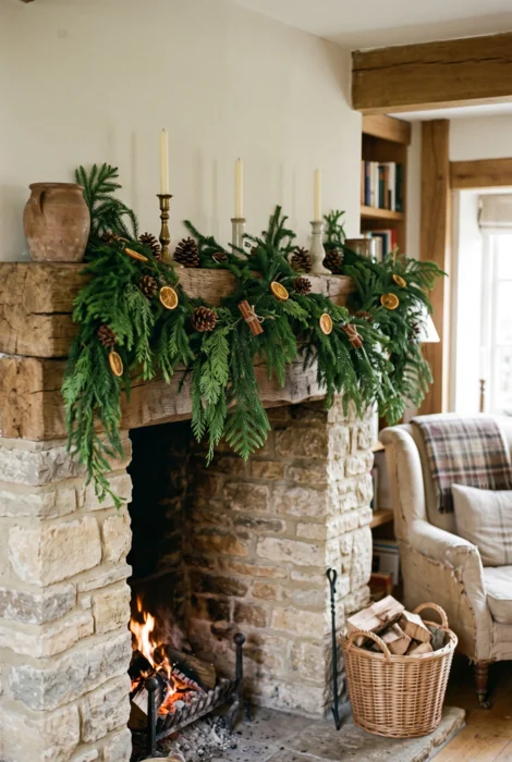 The Art of Styling Norfolk Pine Natural Touch Garland for Christmas 8 Norfolk pine-style garland with citrus, pinecones, cinnamon, and candles on stone fireplace