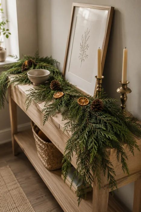 The Art of Styling Norfolk Pine Natural Touch Garland for Christmas 13 Cascading evergreen garland with dried citrus and brass candlesticks on light oak console
