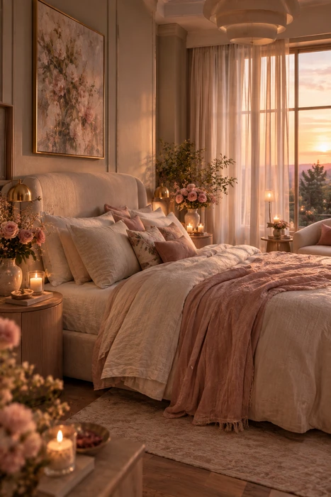 25 Romantic Bedroom Ideas to Create a Cozy Escape 5 Romantic bedroom decoration with floral details and soft colors