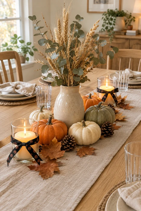 25 DIY Halloween Centerpieces for a Beautiful Spooky Season Table 3 Rustic Halloween table decor centerpiece with pumpkins candles and cozy fall textures