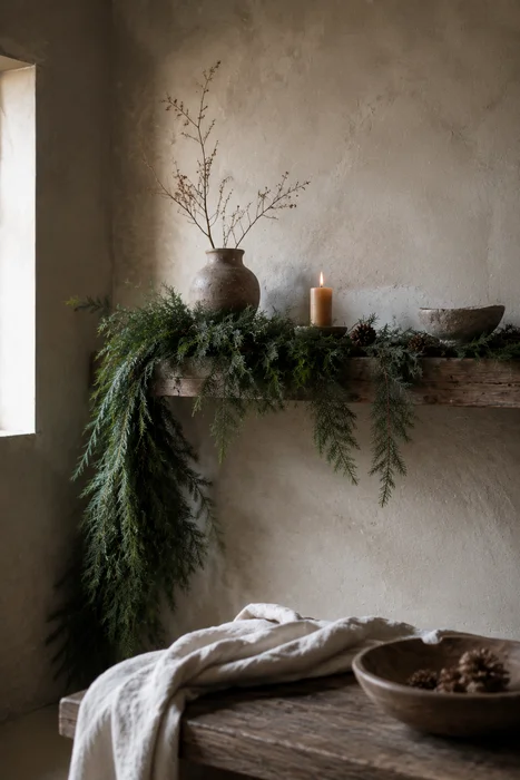 The Art of Styling Norfolk Pine Natural Touch Garland for Christmas 15 Cascading evergreen garland with pottery and candle on rustic floating wood shelf