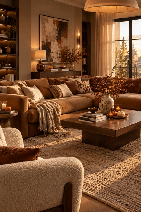 L Shape Sofa Living Room Ideas: Modern, Luxury & Small-Space Layouts 20 Warm autumn living room with caramel L shape sofa and seasonal styling