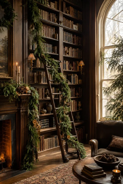 The Art of Styling Norfolk Pine Natural Touch Garland for Christmas 16 Evergreen garland decorating dark wood library shelves, fireplace, and rolling ladder