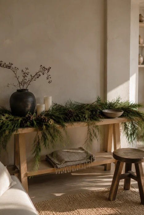 The Art of Styling Norfolk Pine Natural Touch Garland for Christmas 14 Loose evergreen garland with dark pottery and candles on a pale wood console
