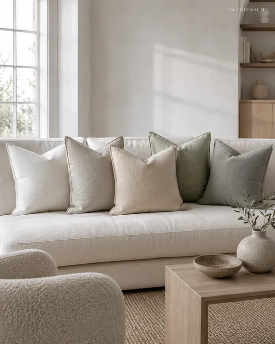 Five oversized neutral and sage cushions arranged on a cream sofa