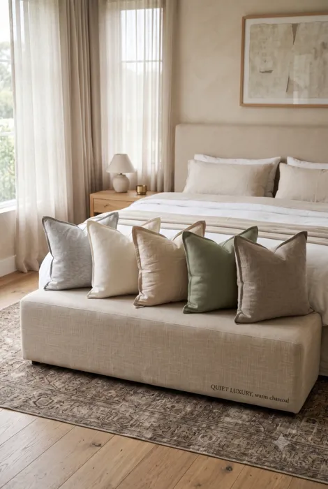Five oversized neutral and sage cushions arranged on bedroom bench