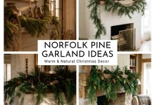 Norfolk pine garland ideas styled across warm Christmas fireplace mantels