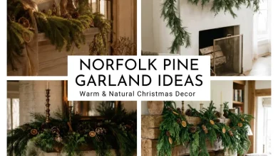 Norfolk pine garland ideas styled across warm Christmas fireplace mantels