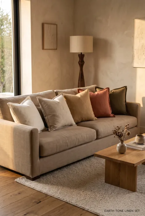 Five beige rust olive and cream cushions on a warm neutral sofa