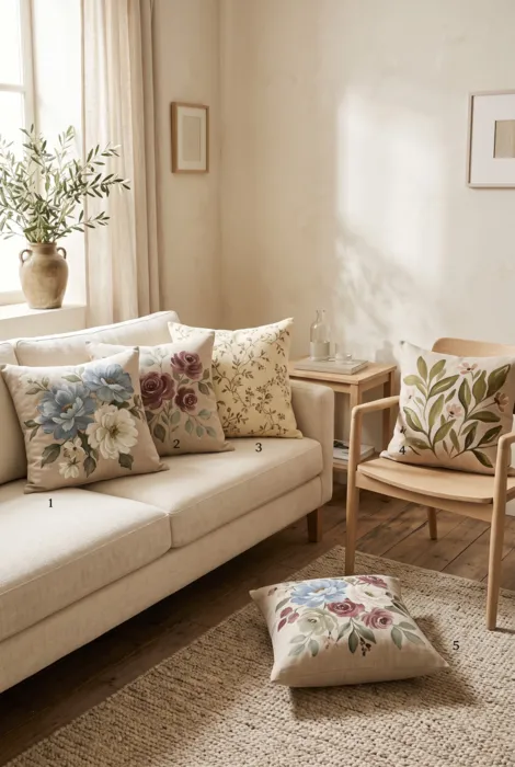 Five floral cushion covers with blue pink green and cream botanical patterns