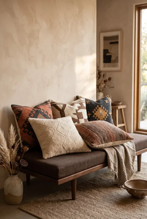 Five geometric woven cushion covers in rust brown cream and black