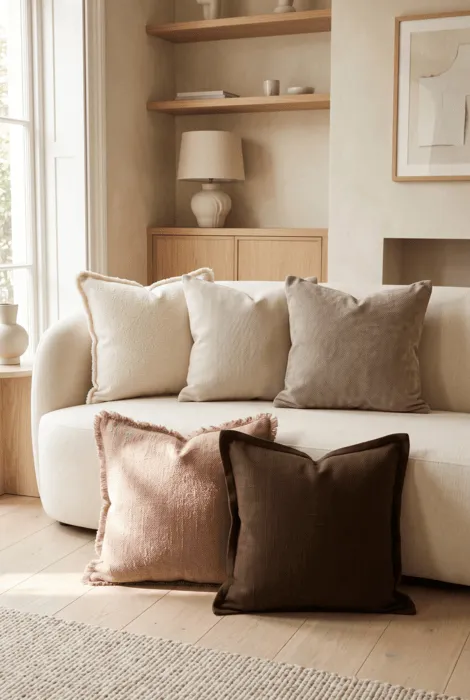 Neutral blush and brown cushions layered between sofa and floor