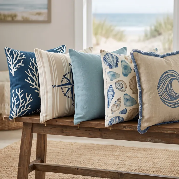 Five cream ochre olive and sage cushions on Mediterranean built-in bench