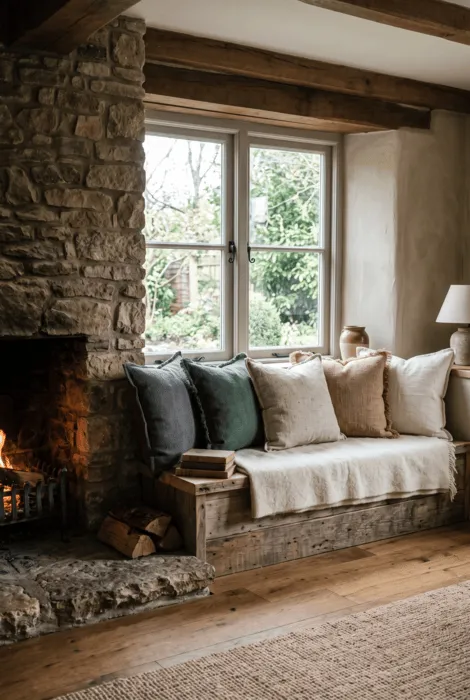 Five textured neutral cushions on rustic wood bench beside stone fireplace