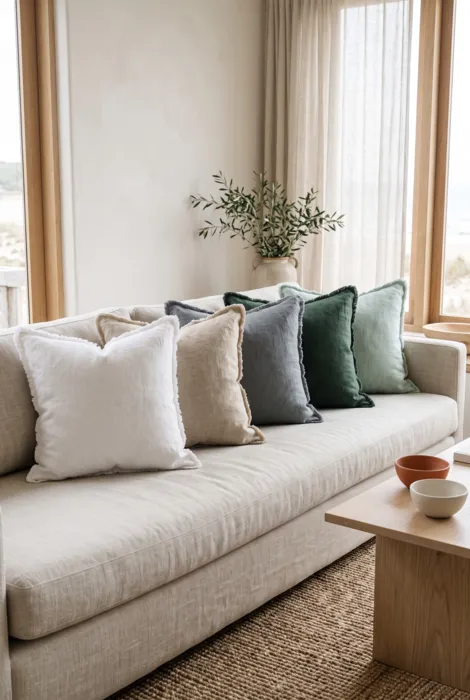 Large white gray and sage cushion covers on a coastal-style sofa
