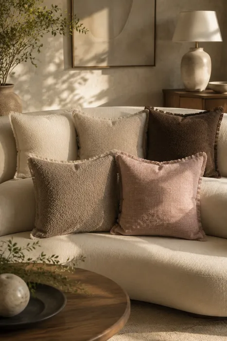 Textured cream taupe brown and dusty pink cushions on curved sofa
